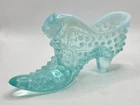 Vintage Fenton Aqua Blue Opalescent Hobnail Glass Cat Head Shoe Slipper Boot