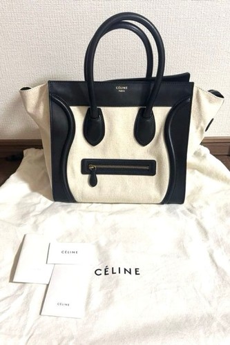 CELINE Micro Luggage Tote Bag Leather Canvas Beige Black Women's Used From Japan