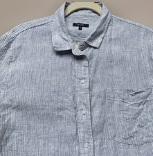 Quince Blue Striped 100% European Linen Shirt Dress M Roll Sleeve Coastal Resort