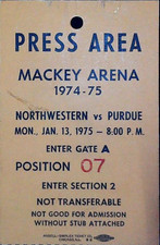 Northwestern Purdue Mackey Arena Press Area Pass NCAA Ticket Stub 1/13/1975
