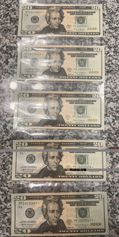 ***Uncirculated 2017 $20 Dollar Bills Sequential Notes  LOT of 5 STAR NOTES ***2