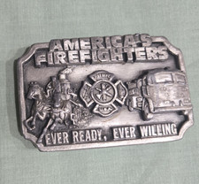 Vintage 80s Siskiyou Belt Buckle Men's Pewter 3D American Firefighters Made USA