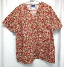 Crest Scrub Top Size M Brown Floral Pull Over Short Sleeve V Neck Career Work