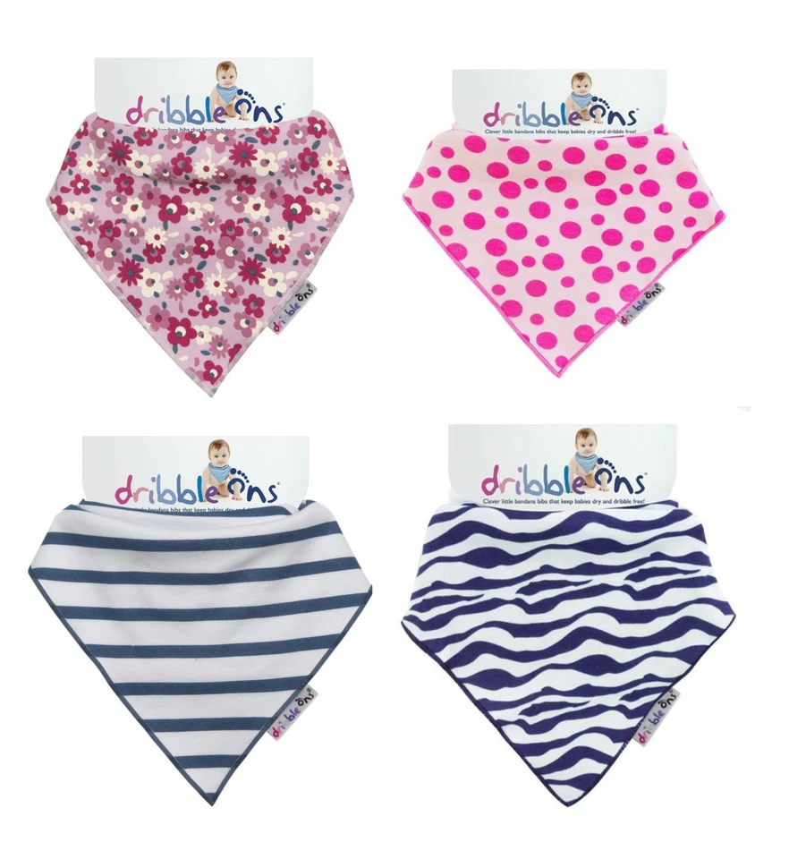 Baberos Bandana Diseñador Dribble Ons Rosa Manchado, Cebra y Rayas Náuticas y Ditsy