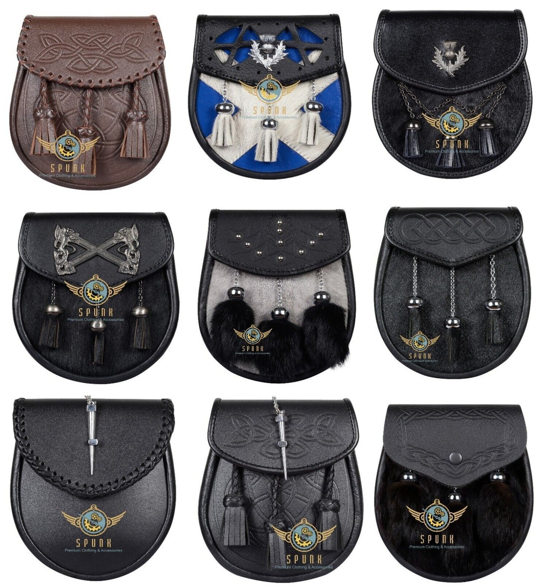 Scottish Multi Design Leather KILT SPORRAN Semi Dress Kilt  display picture 2
