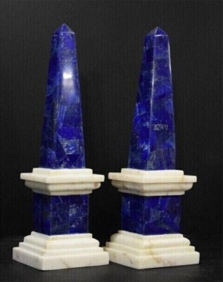 15'' Marble Mosaic Two Obelisk Set Pieces Ancient Egyptians Obelisks