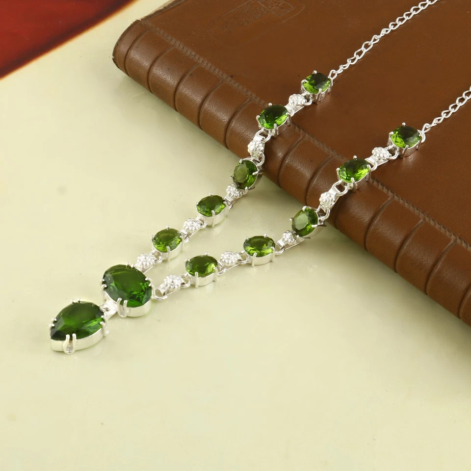 Gargantilla ajustable de cuarzo con piedras preciosas de diopsido cromado enchapado en plata collar joyería Foto 3 de 3