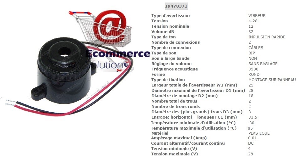 Buzzer de recul 4V à 28V DC 82 dB pour nacelle et chariot élévateur