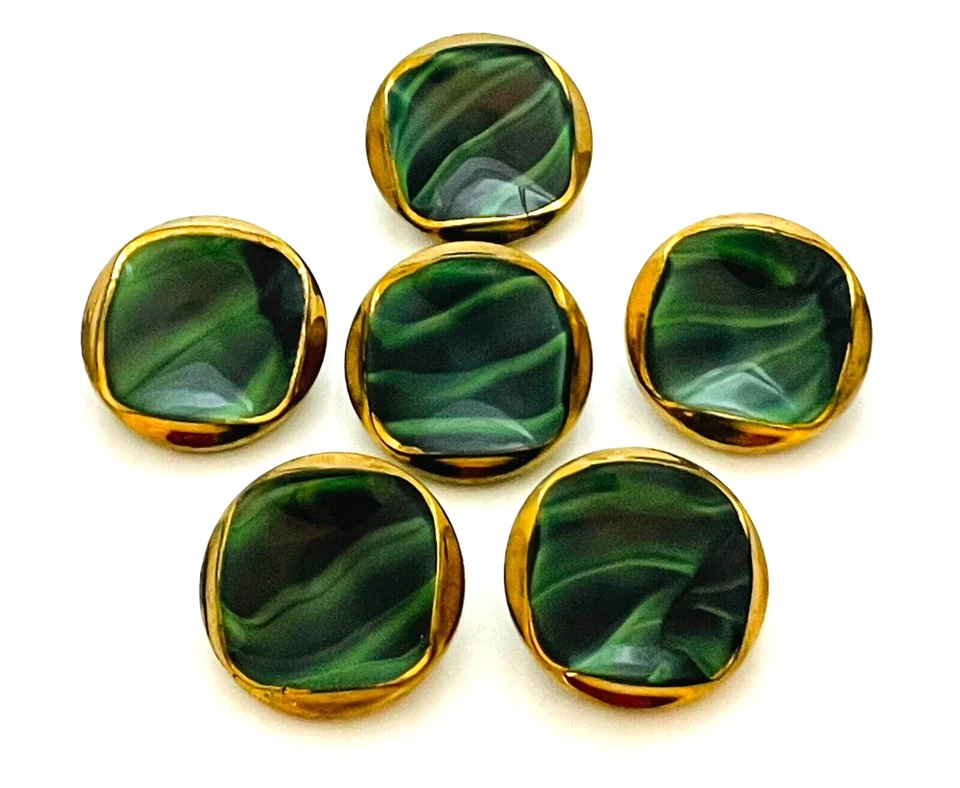 VTG Set of 6 Green Czech Glass Buttons Marbled Faux Malachite Gold 23 mm 7/8" - Image 3 of 4