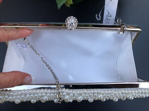 Mrs. Bride To Be Clutch Pearls Bride Purse Silver Embellished - Silver Chain NWT - Picture 10 of 13