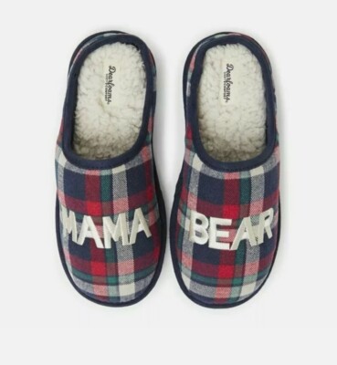 Womens Dearfoams Cozy Comfort Faux Fur Lined Mama Bear Plaid