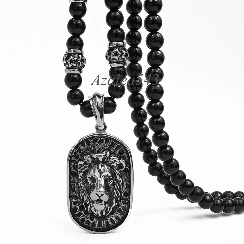 Conjunto de collar de acero inoxidable con colgante de escudo de león plateado para hombres de 8mm con cuentas de ónix negro Foto 3 de 4