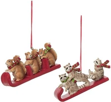 GALLERIE II 4.53" RESIN RACCOONS & SQUIRRELS ON SLED CHRISTMAS ORNAMENT SET OF 2
