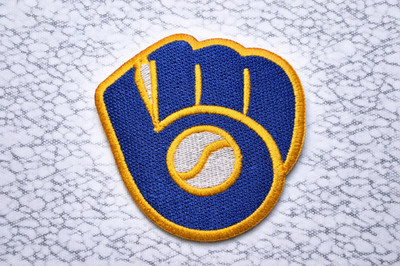MILWAUKEE BREWERS GLOVE LOGO MLB EMBROIDERED IRON ON PATCH 3''X3'' FREE SHIPPING