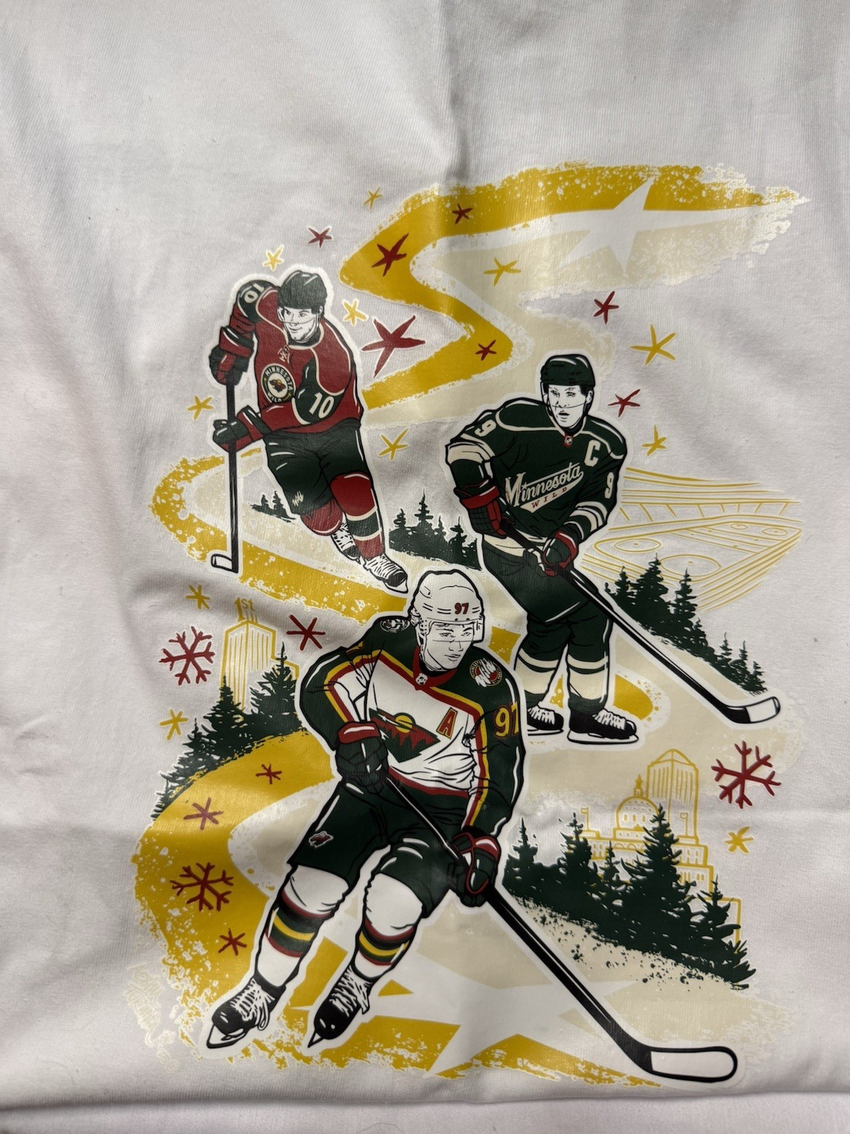 Men's White MN Wild Hockey Graphic Print Crew Neck Short Sleeve Cotton T-shirt