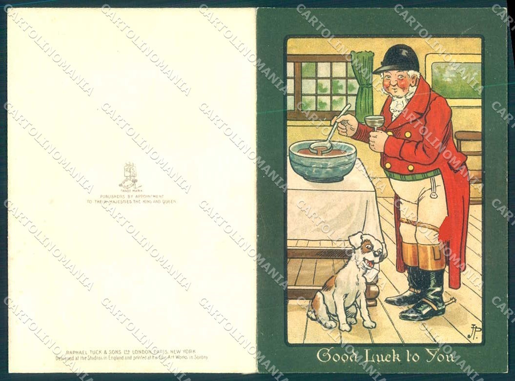 Biglietto di auguri firmato artista luccio uomo e cane Raffaello Tuck 12,5x8,5 cm VK9582