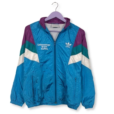Coupe-vent vintage homme bleu multicolore | Veste style rétro années 90 à capuche avec fermeture éclair 1/4, imperméable léger à motif abstrait des années 90 | H - Canada