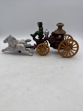 VTG Cast Iron 2 Horse Fire Pumper Hose Wagon 12.75  L 5  T 3.25  W Yellow Wheels