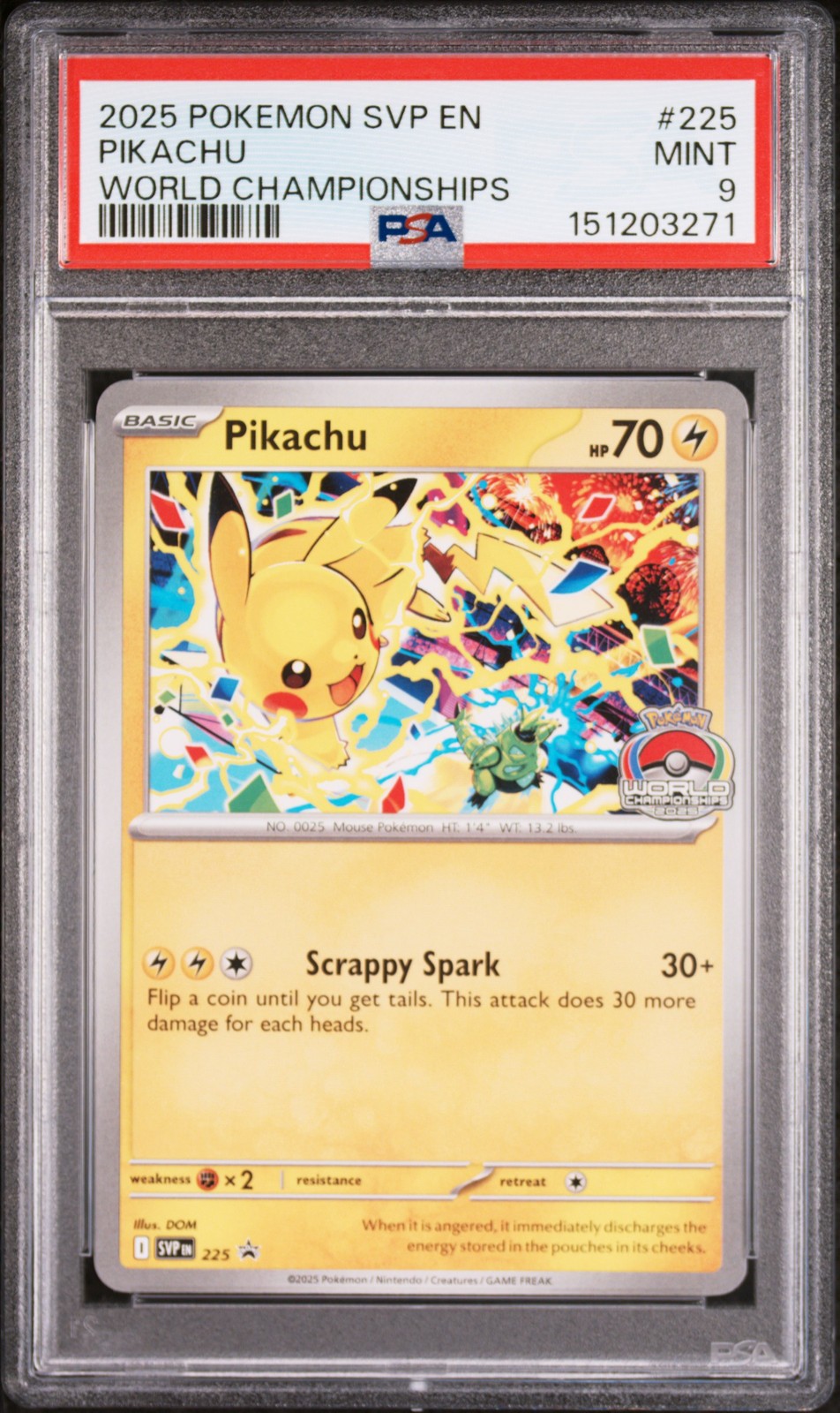 2025 POKEMON SVP EN-SV BLACK STAR PROMO WORLD CHAMPIONSHIPS #225 PIKACHU PSA 9