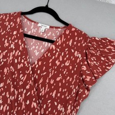 Nine West Womens Rust Red Pink Abstract Print Wrap Dress Flutter Sleeve Large