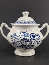 Vintage J&G Meakin England Classic White Sugar Bowl with Lid.  Blue Decoration.