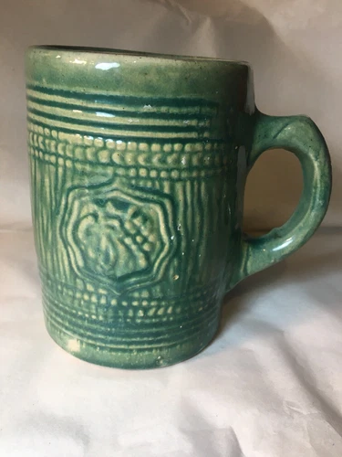 McCoy POTTERY Stoneware GREEN Glaze STEIN Cup MUG Grape LEAF Antique TANKARD