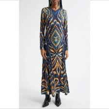 Farm Rio Pineapple Ikat navy blue maxi dress silky zipper yellow long new Small
