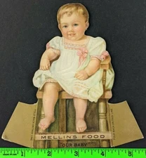 Vintage 1880's Mellin's Baby Food Girl Highchair Stand Up Diecut Trade Card Mass