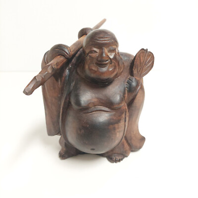 Smiling Buddah - Vintage hand-carved wooden smiling Buddah with detachable staff