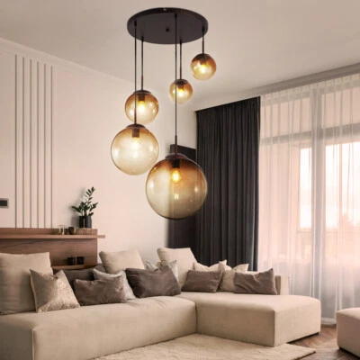 ETC-SHOP Decken Pendelleuchte Hängeleuchte 5 flammig braun Glaskugel Lampenschirme amber