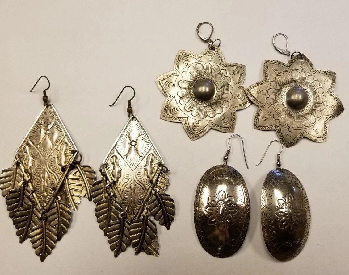 3 Huge pre owned Silver Tone India Mandala Chandelier earrings