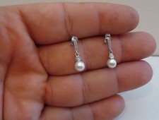 DANGLING EARRINGS W/ 6MM WHITE PEARLS &  LAB CREATED DIAMONDS STERLING SILVER 