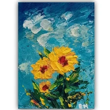 ACEO Original Painting Sunflowers Abstraction Impasto Small 2.5x3,5 inches