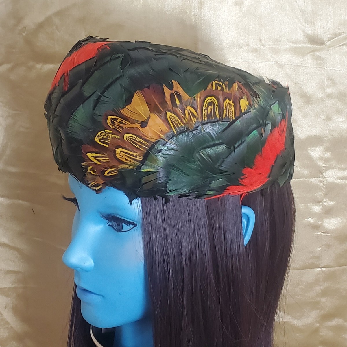 Vintage Union Made USA Red Green Black Feathered Hat Musketeer Hat - Aemon Fire - Flamboyant Flaming Ostrich and  main image 2