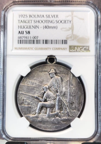 1925 BOLIVIA SILVER MEDAL TARGET SHOOTING HUGUENIN NGC AU 58 RARE TOP POP 1