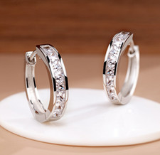 925 Sterling Silver Plated Square Cz Huggie Hoop Earrings 17mm Large Women Men