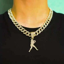 Baseball Hitter Pendant 15mm 16" ~ 30" Iced Cuban Cubic Zirconia Chain Necklace