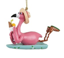 GALLERIE II 3.5" HAND PAINTED POLYRESIN SURFBOARD FLAMINGO CHRISTMAS ORNAMENT