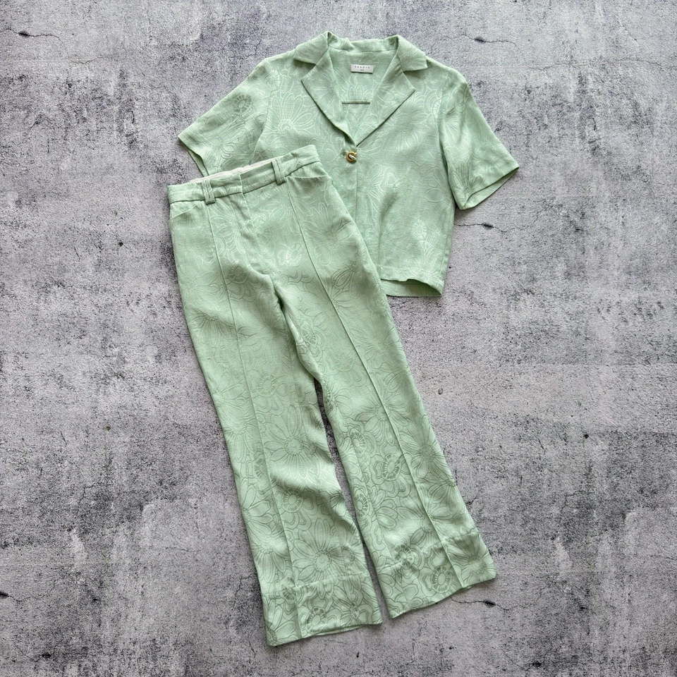 Traje de jacquard verde menta Sandro Paris para mujer - Blazer (talla 0) pantalones talla 34 Foto 2 de 4