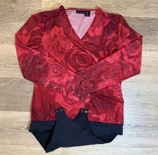 Tahari Red Rose Print Mesh Bodysuit - Long Sleeve Wrap Front Surplice Large 