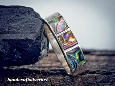 Multi Color Abalone Inlay Silver Ring Inlay Band Sterling Silver 925 Jewelry