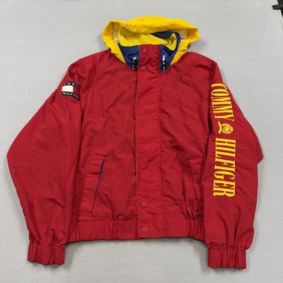 Vintage Tommy Hilfiger Jacket Mens XL Red Nylon Hooded Spellout Windbreaker 90s