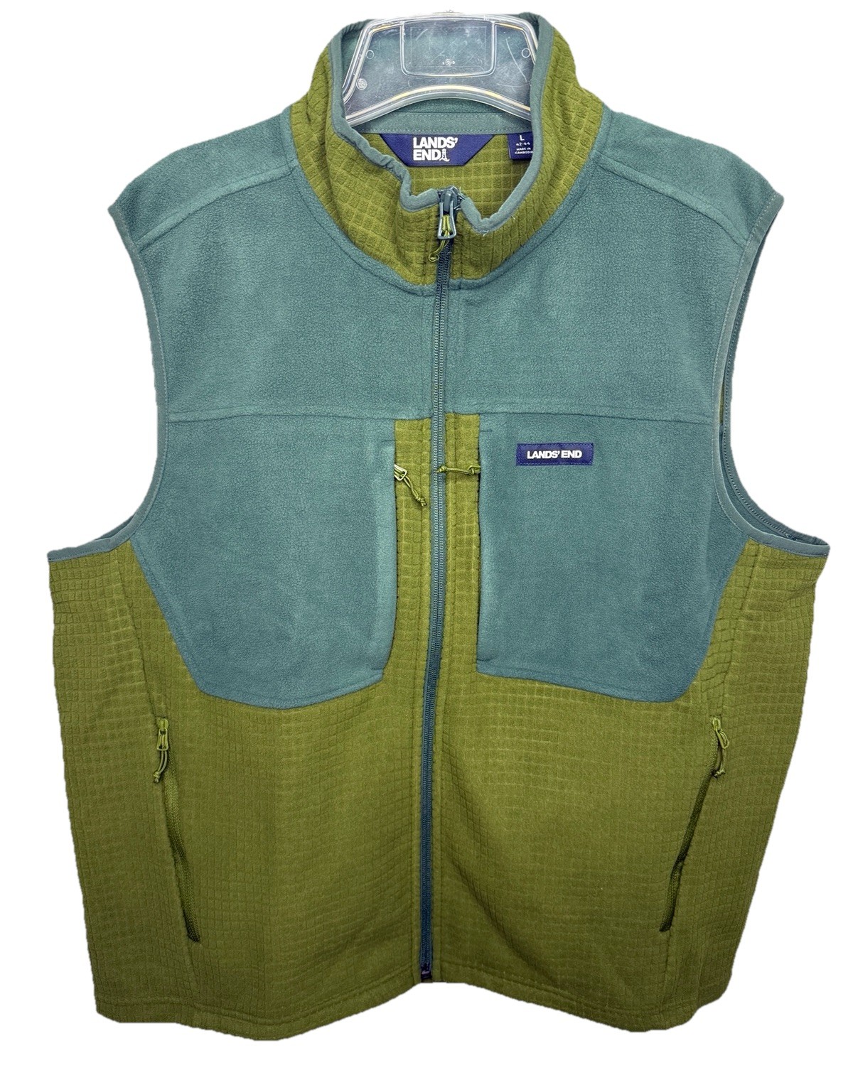 Lands’ End Men’s Large Green Blue Full Zip Fleece Vest Outdoor Hiking Trail