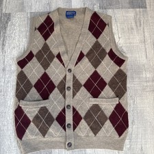 Pendleton 100 Lambswool Argyle Cardigan Sweater Vest Brown Men's Large M