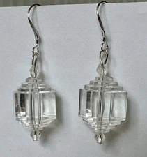 Vintage art deco layer clear lucite 1" with crystal shiny bicone beads earrings