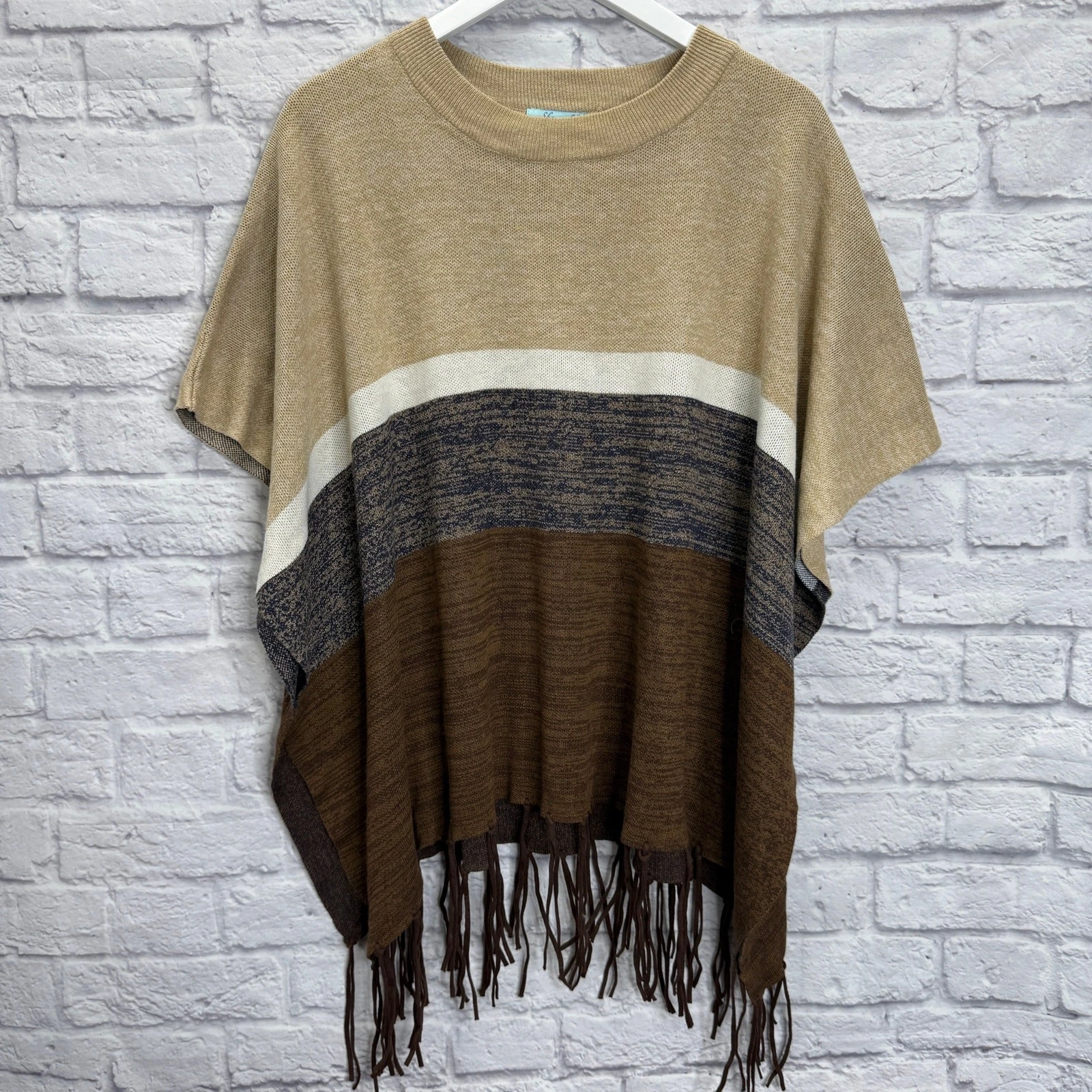 She + Sky Tasseled Color Block Sweater Poncho One Size Beige Brown Short Sleeve