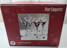 VTG Pier 1 Christmas Optic Red Green Swirl Martini Glasses SET OF 4 BOX NOS