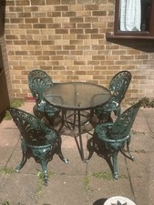Beautiful Vintage 4 Piece Cast Iron Chairs with Glass Table Garden Furniture