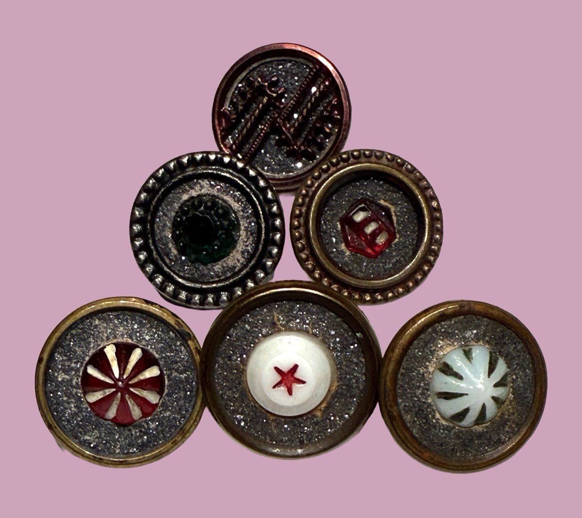 6 Antique Waistcoat Buttons Assorted  Glass In Metal Sparkling GALENA Surround