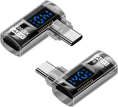 2-Pack 90° USB-C Right Angle Adapter with LED Power Meter 140W FastCharge PD Kit